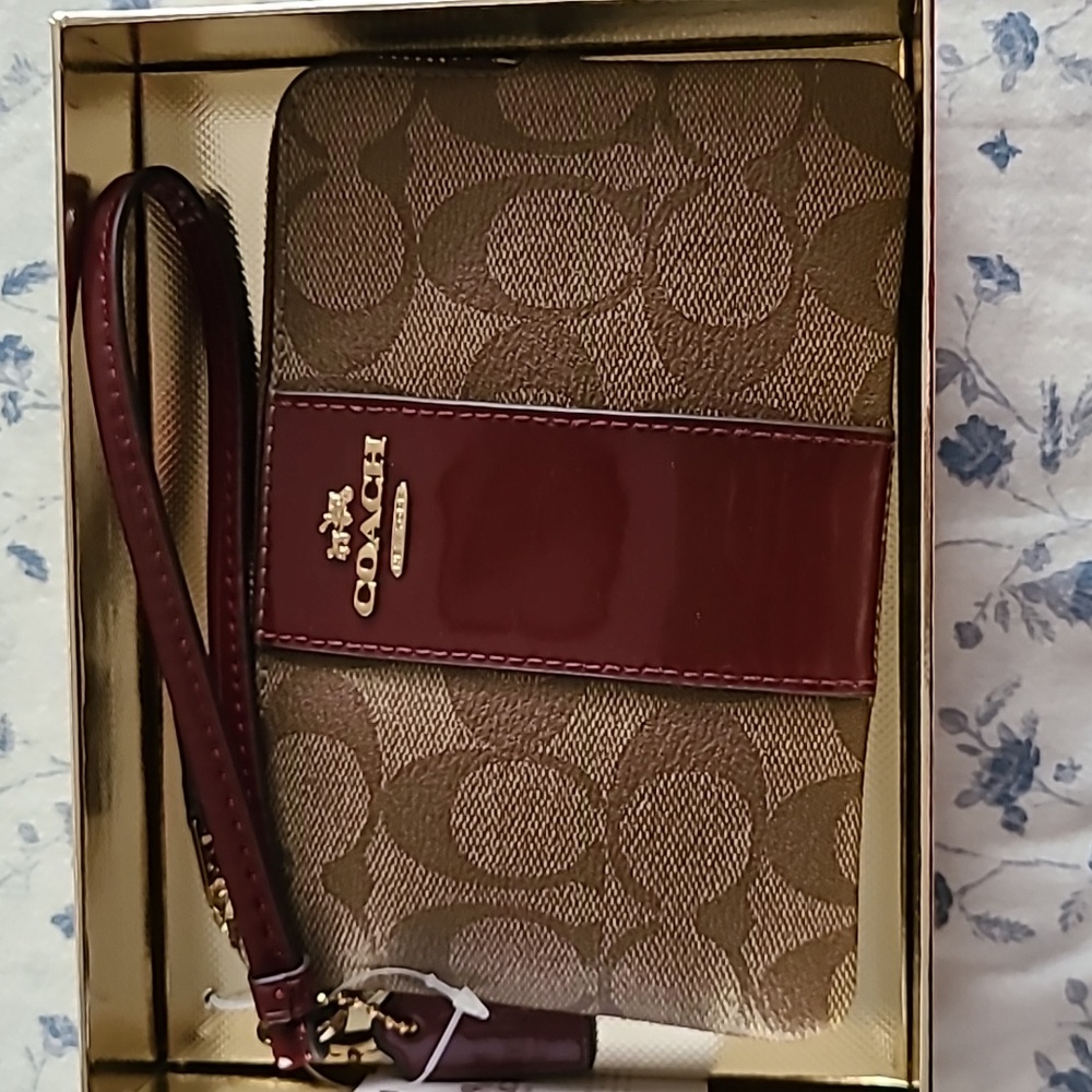 Coach Khaki Burgundy 75 Year Edition Wristlet
